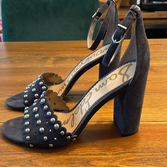 Sam Edelman | Blue Suede Silver Studded Open Toe | Ankle Strap | Women’s 9.5 - Picture 3 of 7